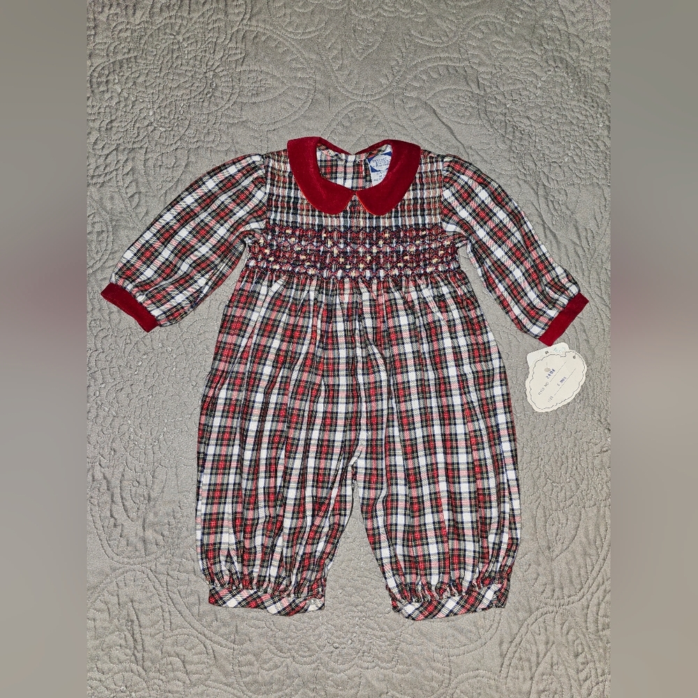 NWT Vintage Carriage Boutiques Plaid Baby Romper with Red Collar And Button Legs